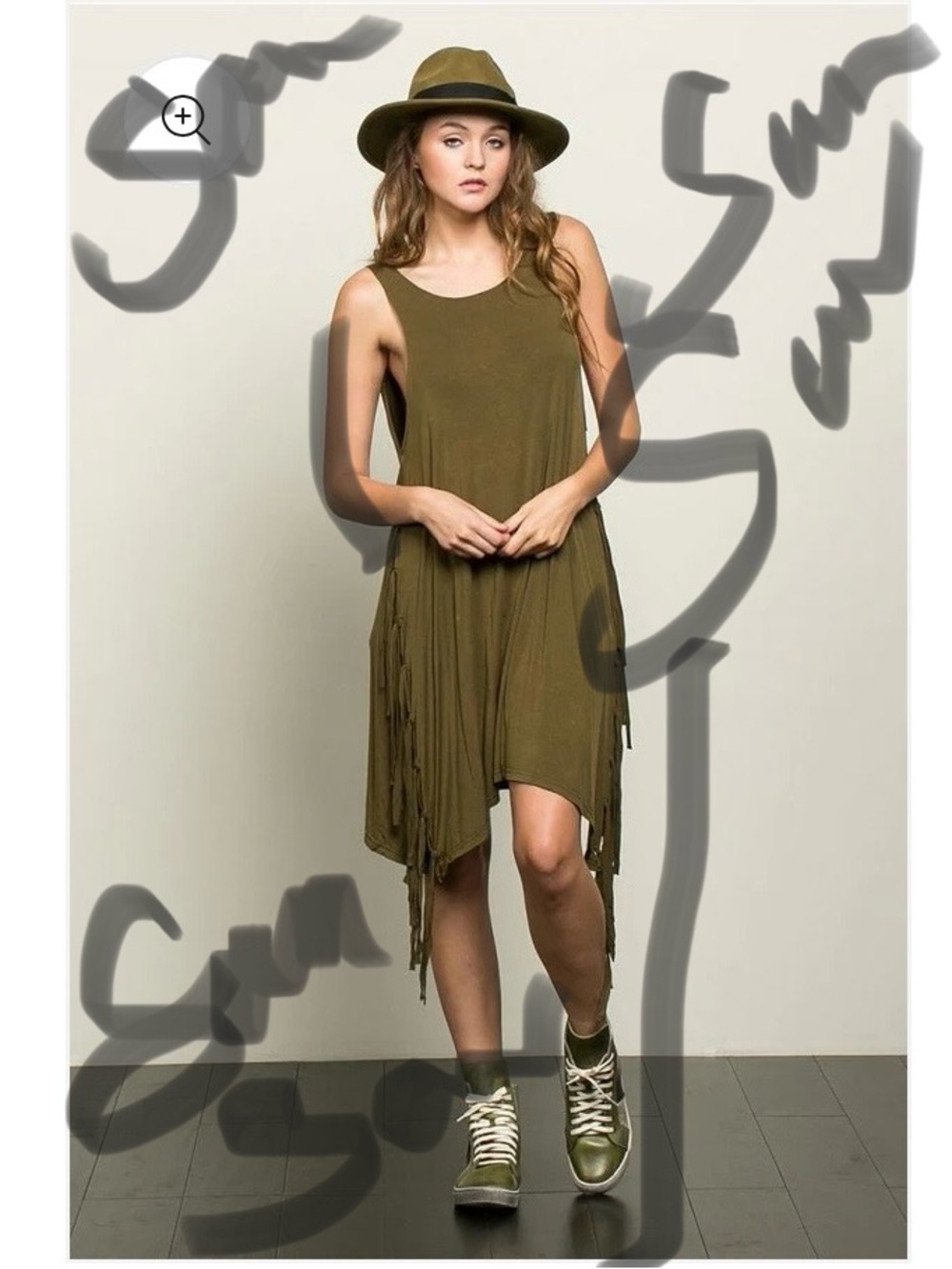 POL Olive Asymmetrical Fringe Tank Dress